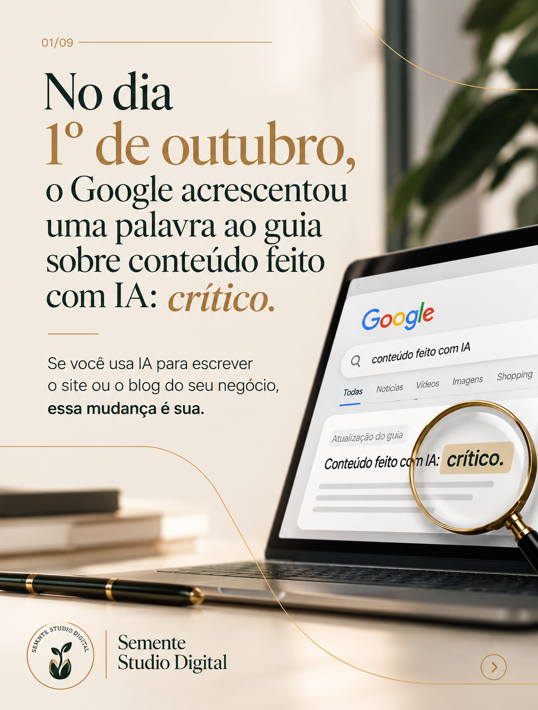 Tela de notebook com a busca do Google por conteúdo feito com IA e uma lupa destacando a palavra crítico