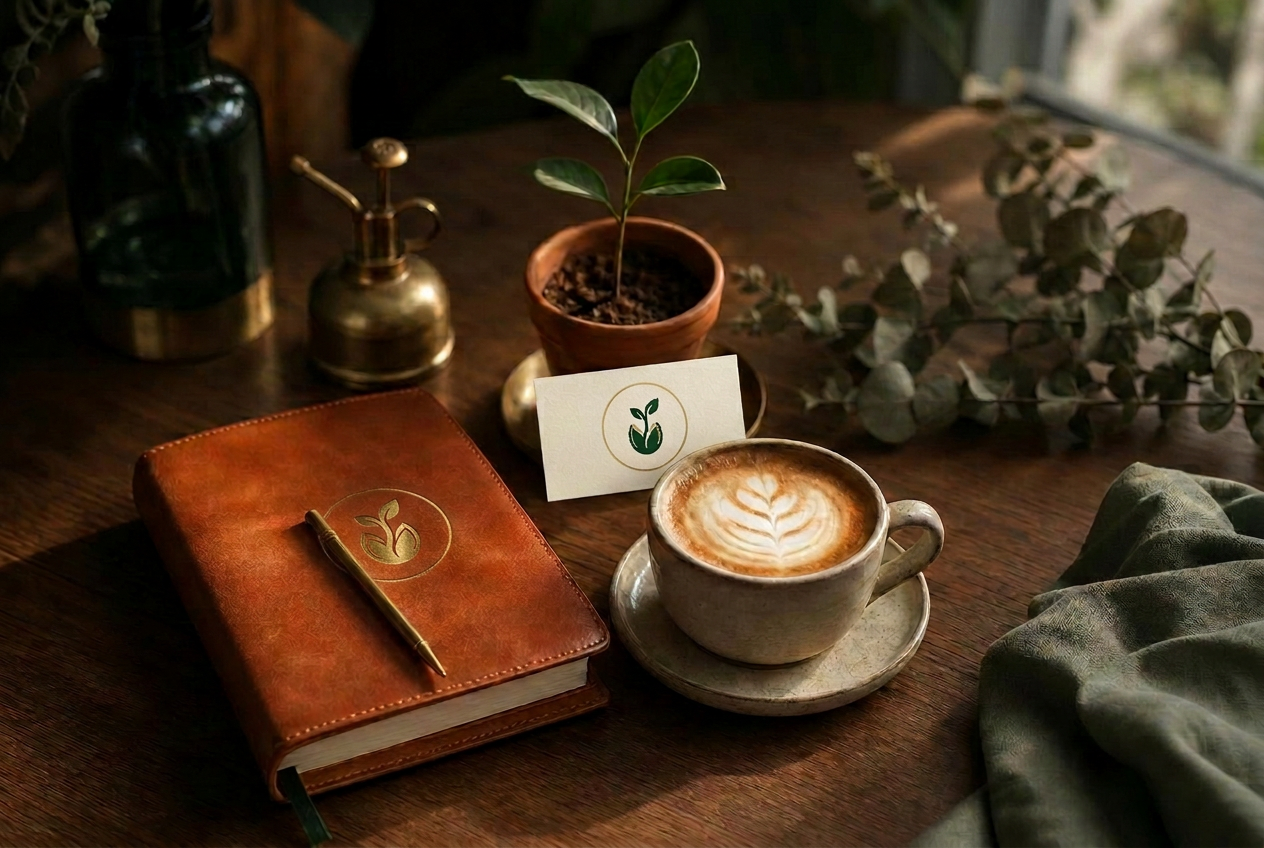 Mesa de madeira com caderno de couro, caneta dourada, cappuccino, broto em vaso de terracota, ramos de eucalipto e cartão de visita da Semente Studio Digital, bastidores do studio.